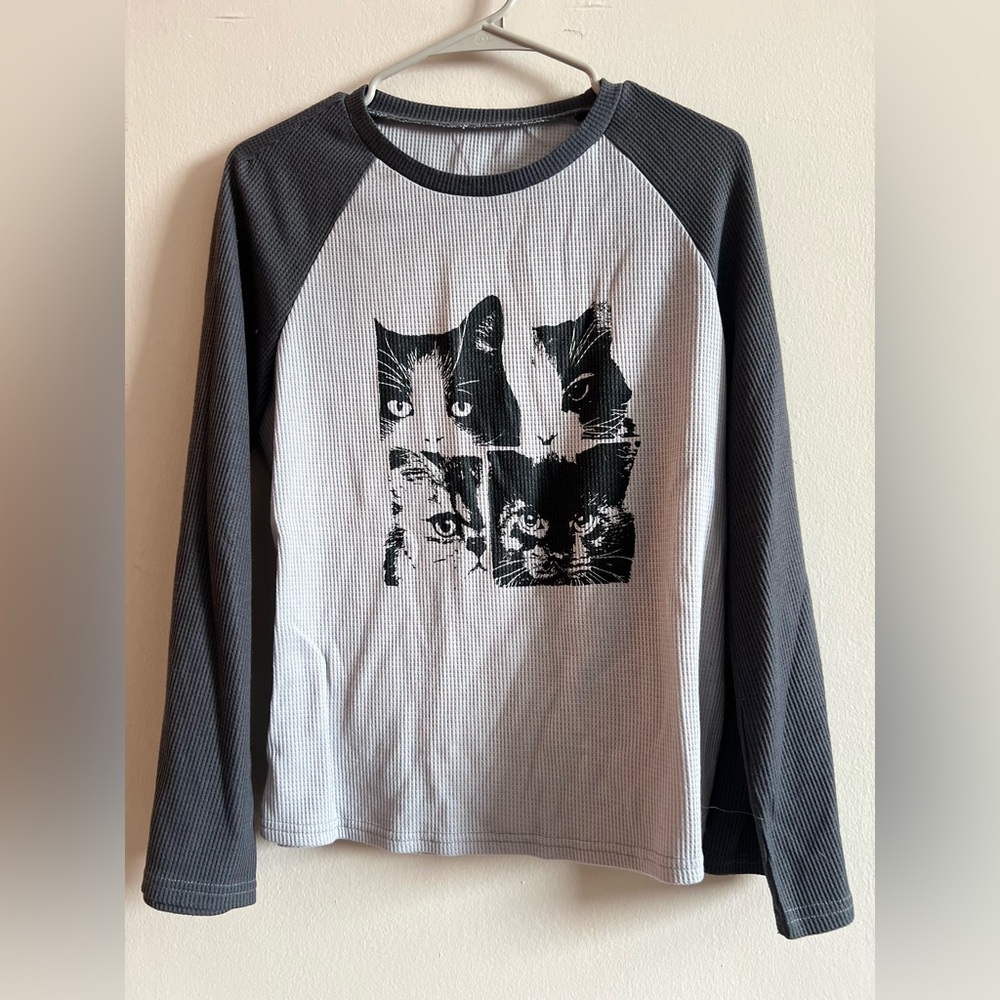 Cat Print Long Sleeve Shirt - Black and Gray